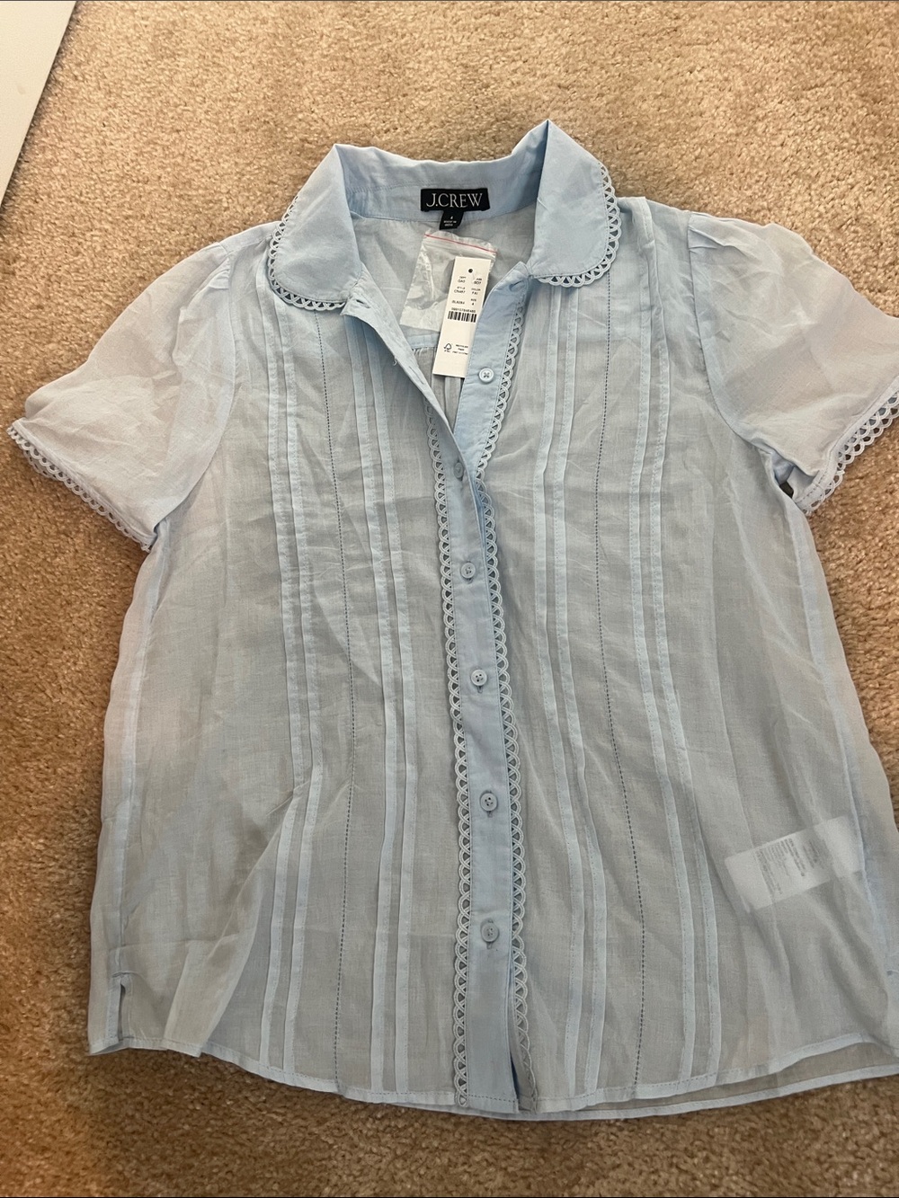 J. Crew Light Blue Pintuck Lace-Trim Button-Down Blouse